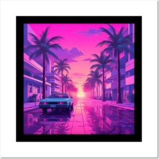 Vaporwave Retrowave Synthwave Vintage Sunset - Palm Trees - City - Retro Car Posters and Art